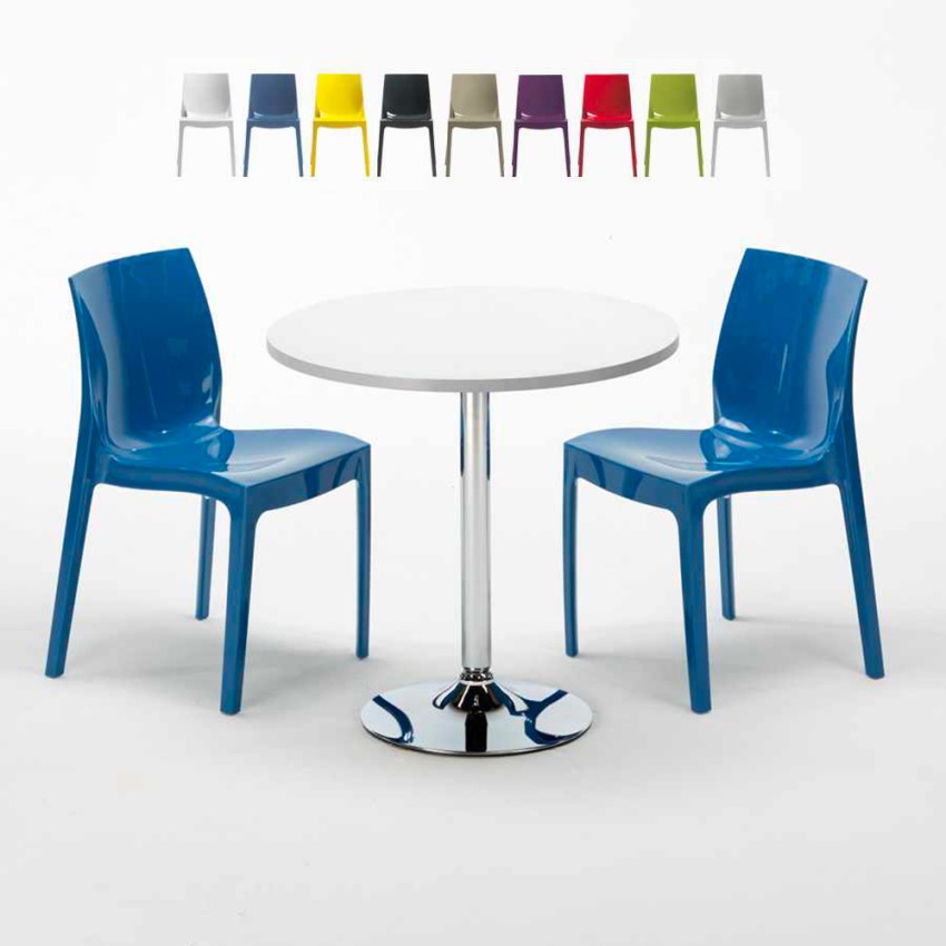 Weißer runder Beistelltisch 70x70 cm mit Stahlgestell und 2 farbigen Stühlen Ice Long Island Angebot Weißer runder Beistelltisch 70x70 cm mit Stahlgestell und 2 farbigen Stühlen Ice Long Island Angebot