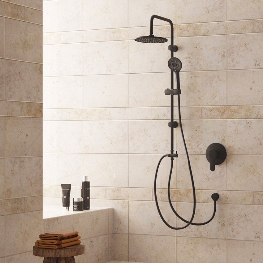 Schwarze Duschsäule aus Stahl mit 4-Strahl-Handbrause, modernes Design Mamba Aktion Schwarze Duschsäule aus Stahl mit 4-Strahl-Handbrause, modernes Design Mamba Aktion