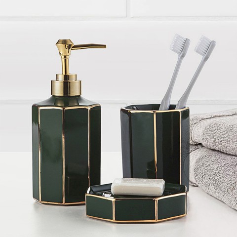 Bad-Accessoire-Set mit Zahnbürstenhalter, Seifenspender, Seifenschale und Toilettenbürste Emerald Aktion