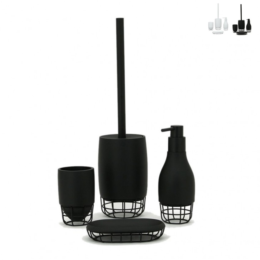 Badezimmer-Set weiß schwarz mit Zahnbürstenhalter, Seifenspender und Toilettenbürste Grid Aktion Badezimmer-Set weiß schwarz mit Zahnbürstenhalter, Seifenspender und Toilettenbürste Grid Aktion