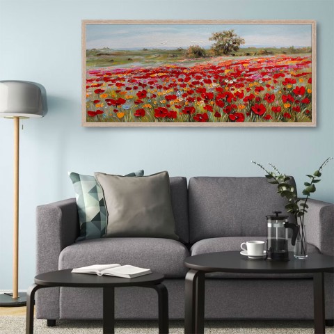 Handgemaltes Bild auf Leinwand Feld mit roten Mohnblumen Rahmen 65x150cm W634