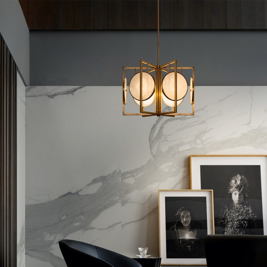 Hängelampe Wohnzimmer 6 Lichter aus goldfarbenem Metall und Marmor Maytoni Aktion Hängelampe Wohnzimmer 6 Lichter aus goldfarbenem Metall und Marmor Maytoni Aktion