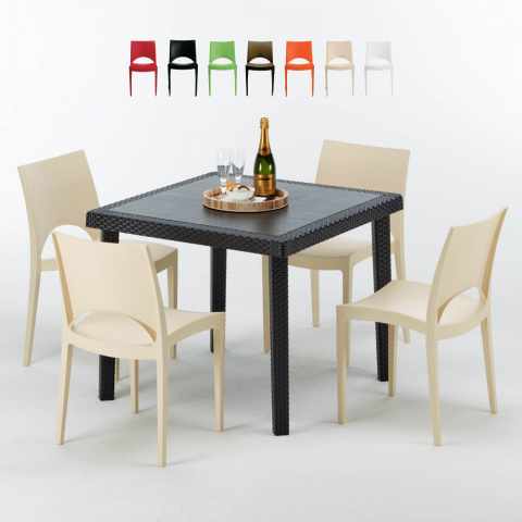 Schwarz Quadratisch Tisch und 4 Stühle Farbiges Polypropylen-Außenmastenset Grand Soleil Paris Passion Aktion