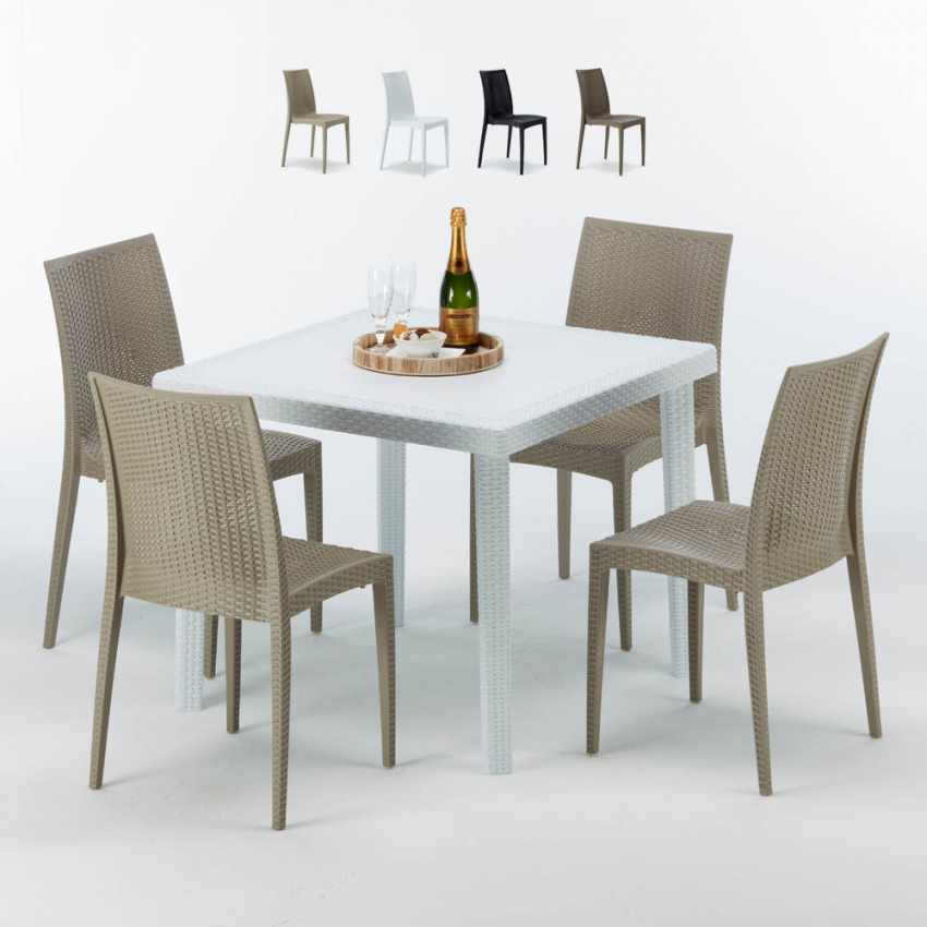Weiß Quadratisch Tisch und 4 Stühle Farbiges Polypropylen-Außenmastenset Grand Soleil Bistrot Love Aktion