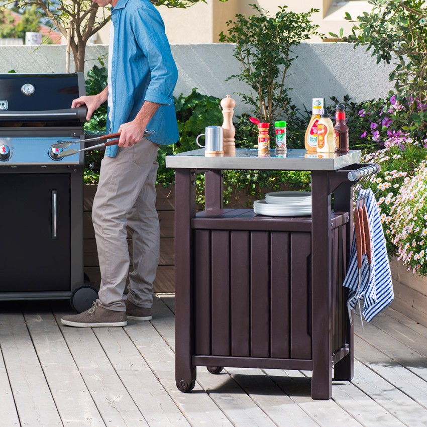BBQ-Aufbewahrungswagen mit Edelstahlplatte Unity Keter K253041 Aktion BBQ-Aufbewahrungswagen mit Edelstahlplatte Unity Keter K253041 Aktion