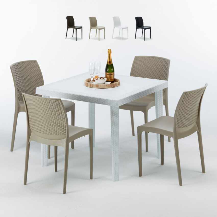 Weiß Quadratisch Tisch und 4 Stühle Farbiges Polypropylen-Außenmastenset Grand Soleil Boheme Love Aktion