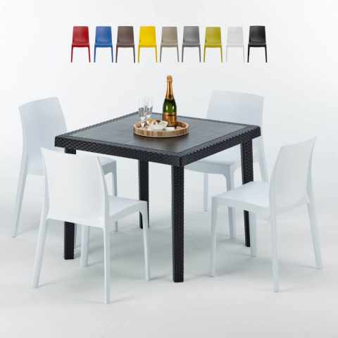Schwarz Quadratisch Tisch und 4 Stühle Farbiges Polypropylen-Außenmastenset Grand Soleil Rome Passion Aktion