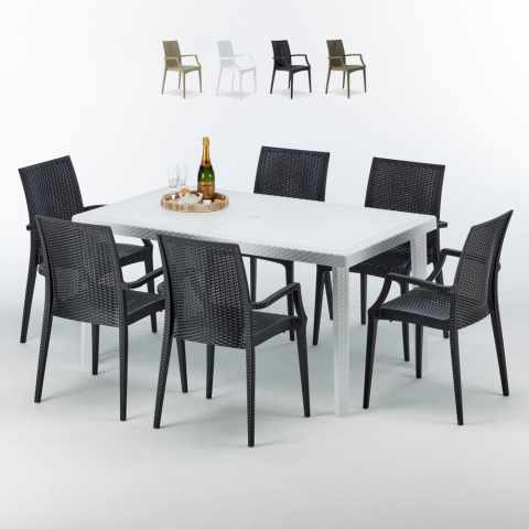 Weiß Rechteckig Tisch und 6 Stühle Farbiges Polypropylen-Außenmastenset Grand Soleil Arm Bistrot Summerlife Aktion
