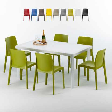 Weiß Rechteckig Tisch und 6 Stühle Farbiges Polypropylen-Außenmastenset Grand Soleil Rome Summerlife
