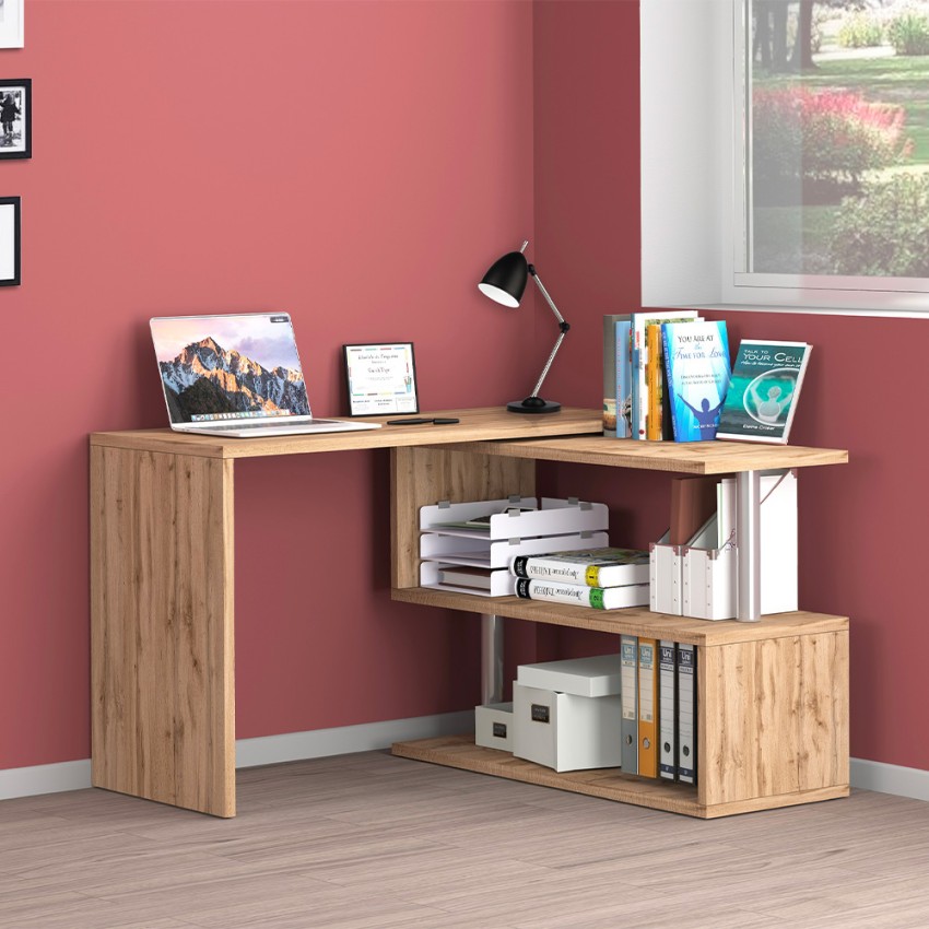 Drehbarer Eckschreibtisch aus Holz mit 2 Regalböden Volta WD Aktion Drehbarer Eckschreibtisch aus Holz mit 2 Regalböden Volta WD Aktion