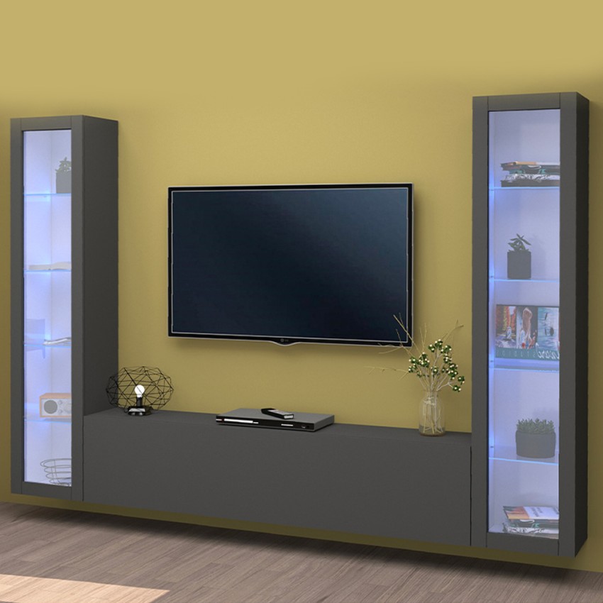 Moderne schwarze Wohnwand mit schwebendem TV-Möbel, 2 Vitrinen Liv RT Aktion Moderne schwarze Wohnwand mit schwebendem TV-Möbel, 2 Vitrinen Liv RT Aktion