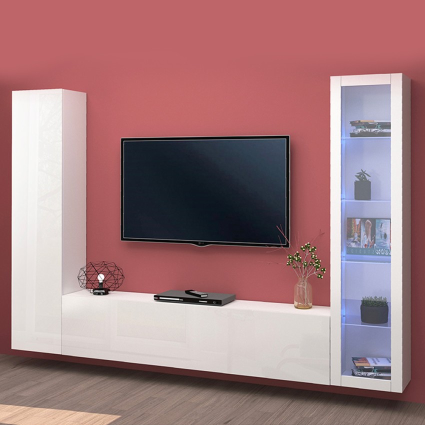 Weiße Wohnwand mit schwebendem TV-Möbel, Vitrine und Schrank Peris WH Aktion Weiße Wohnwand mit schwebendem TV-Möbel, Vitrine und Schrank Peris WH Aktion