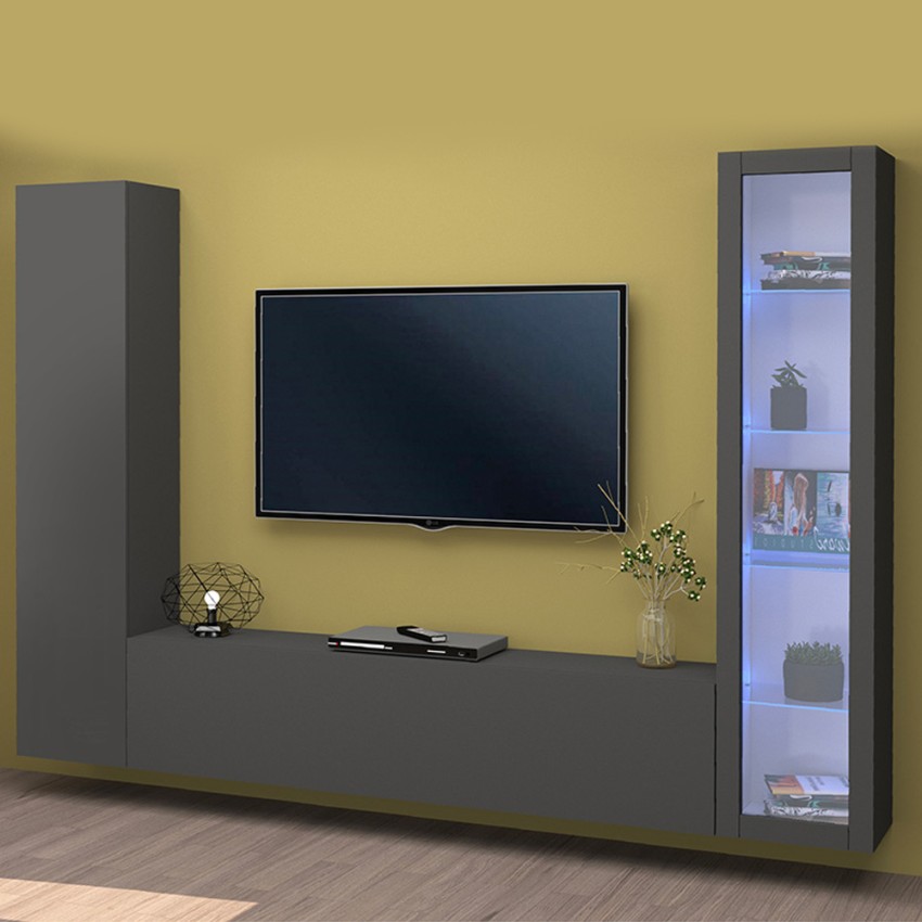 Moderne Wohnzimmerwand mit TV-Möbel, Vitrinen und Hängeschränken Peris RT Aktion