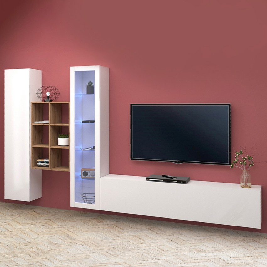 Wohnwand TV-Möbel Vitrine weiß Bücherregal Holz Rold WH Aktion Wohnwand TV-Möbel Vitrine weiß Bücherregal Holz Rold WH Aktion
