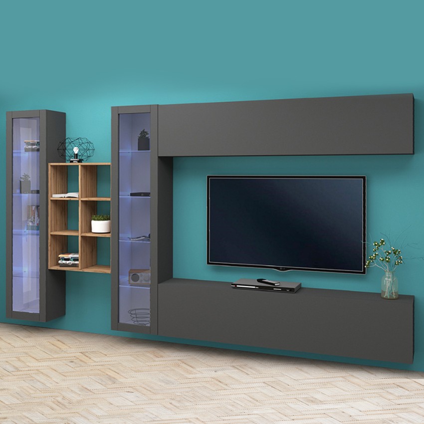 Hängende Wohnwand TV-Schrank mit 2 Vitrinen und Bücherregal Holz Kary RT Aktion Hängende Wohnwand TV-Schrank mit 2 Vitrinen und Bücherregal Holz Kary RT Aktion