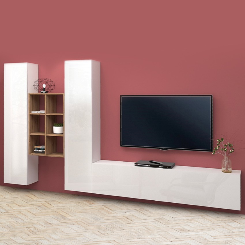 Weiße schwebende TV-Wand mit Holzregal und 2 Schränken Manny WH Aktion Weiße schwebende TV-Wand mit Holzregal und 2 Schränken Manny WH Aktion