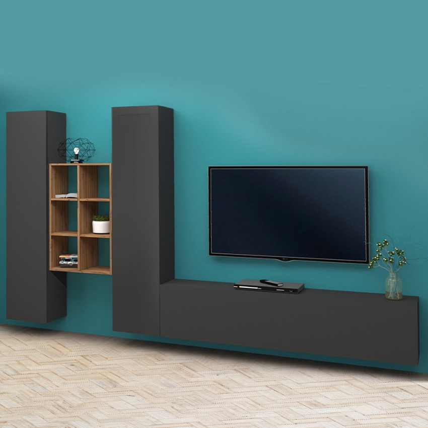 Moderne TV-Wand Manny RT mit 2 Schränken, Bücherregal und 6 Fächern aus Holz Aktion Moderne TV-Wand Manny RT mit 2 Schränken, Bücherregal und 6 Fächern aus Holz Aktion