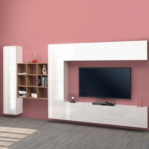 Schwebende TV-Wandmöbel, weiß, mit Bücherregal und 2 Schränken, Modell Ferd WH Aktion