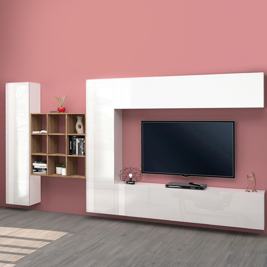 Schwebende TV-Wandmöbel, weiß, mit Bücherregal und 2 Schränken, Modell Ferd WH Aktion Schwebende TV-Wandmöbel, weiß, mit Bücherregal und 2 Schränken, Modell Ferd WH Aktion