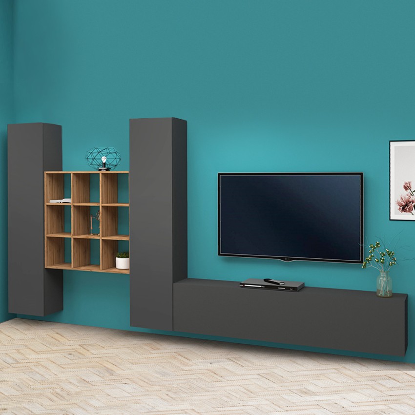 Moderne schwebende Wohnwand, TV-Möbel mit Bücherregal und 2 Schränken Talka RT Aktion Moderne schwebende Wohnwand, TV-Möbel mit Bücherregal und 2 Schränken Talka RT Aktion