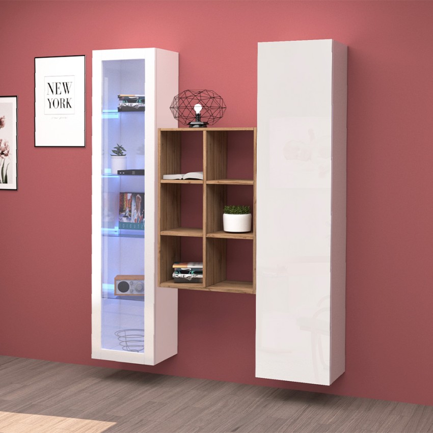 Weiße Wohnwand mit Vitrine, Bücherregal und Schrank Teret WH Aktion Weiße Wohnwand mit Vitrine, Bücherregal und Schrank Teret WH Aktion