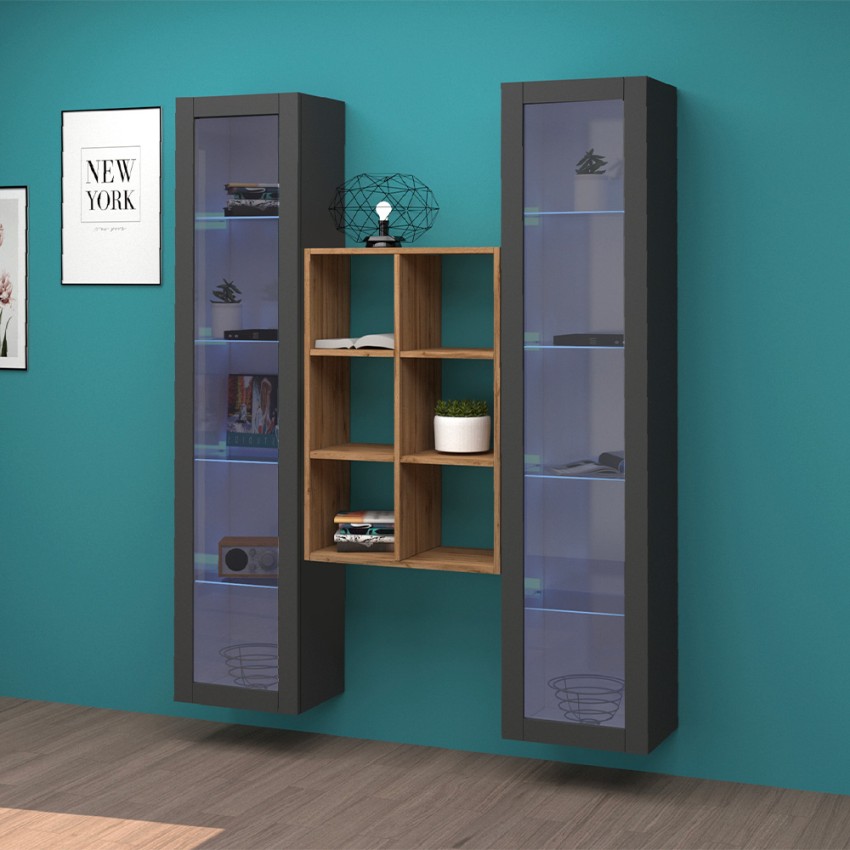 Graue schwebende Wohnzimmerwand aus Holz mit Bücherregal und 2 Vitrinen Kesia RT Aktion Graue schwebende Wohnzimmerwand aus Holz mit Bücherregal und 2 Vitrinen Kesia RT Aktion