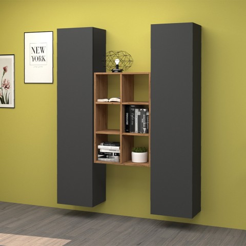 Moderne Wohnwand Bücherregal aus Holz mit 2 Schränken für Wohnzimmer Gemy RT Aktion