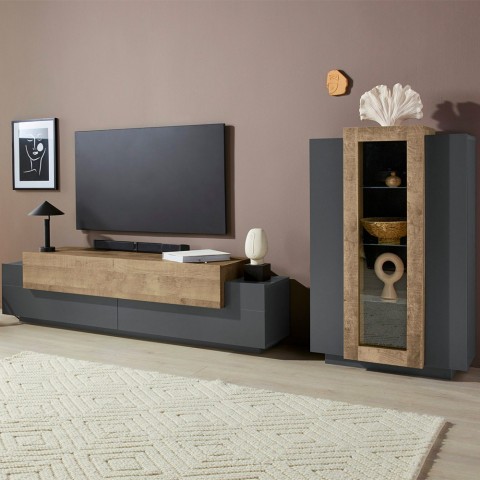 Moderne Wohnwand in Schwarz und Holz mit TV-Schrank und Vitrine Woud AP Aktion