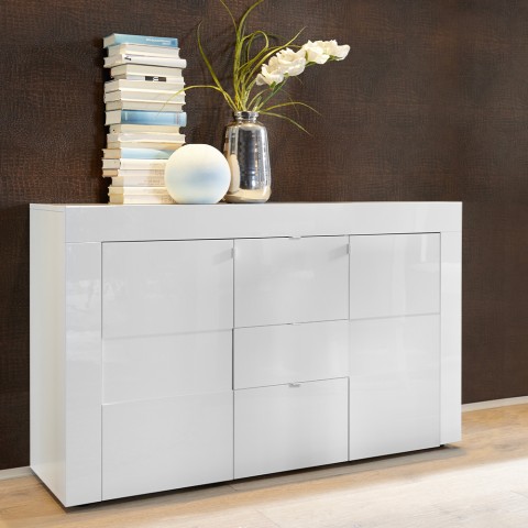 Modernes Wohnzimmer Sideboard 2 Türen 3 Schubladen glänzend weiß Fidem M Easy Aktion