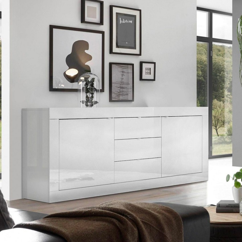 Weiße Hochglanz-Kommode Tribus Wh Basic mit 2 Türen und 3 Schubladen Aktion Weiße Hochglanz-Kommode Tribus Wh Basic mit 2 Türen und 3 Schubladen Aktion