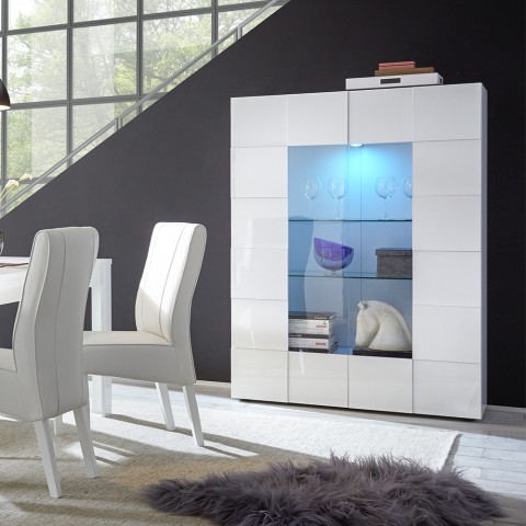 2-türige Glasvitrine glänzend weiß modernes Wohnzimmer 121x166cm Murano Wh Aktion