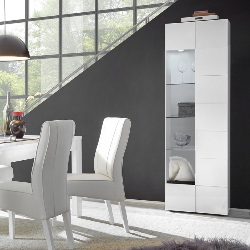 Moderne Wohnzimmer-Vitrine mit 1 Tür, weiß glänzend, Schachbrettmuster Bee Wh Dama Aktion