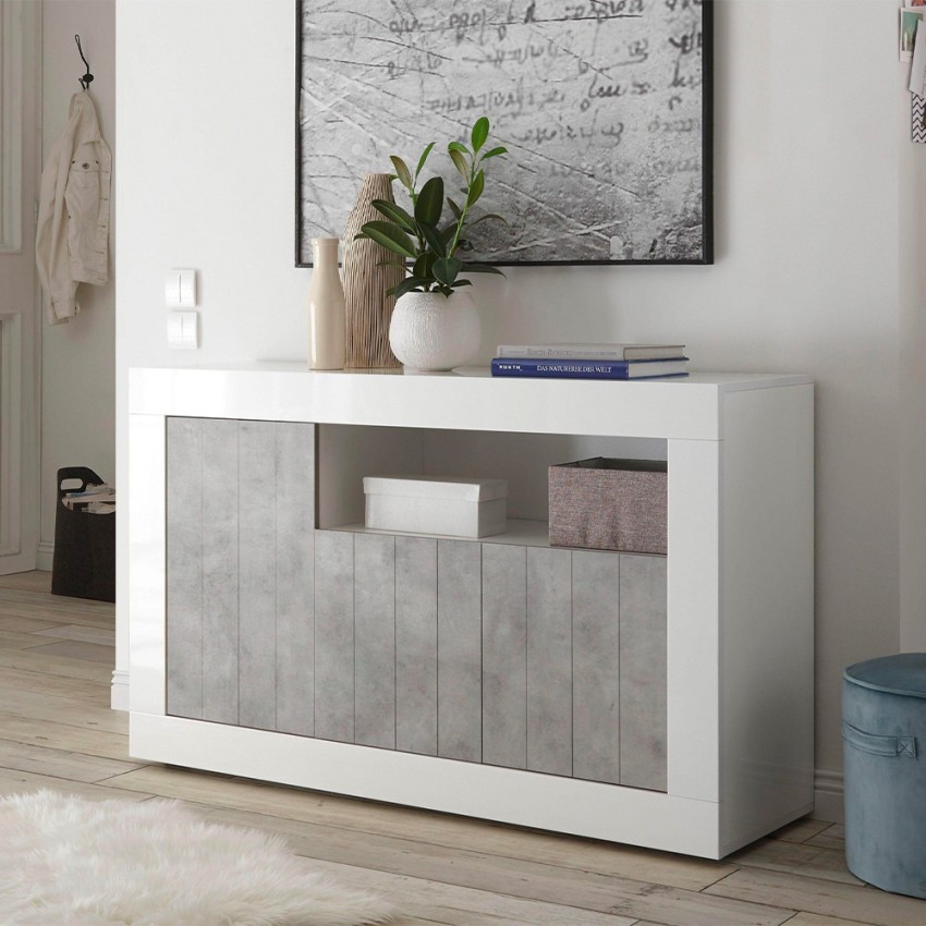 Sideboard Wohnzimmer 3 Türen 138 cm Hochglanz Weiß Beton Doppel MBC Aktion Sideboard Wohnzimmer 3 Türen 138 cm Hochglanz Weiß Beton Doppel MBC Aktion