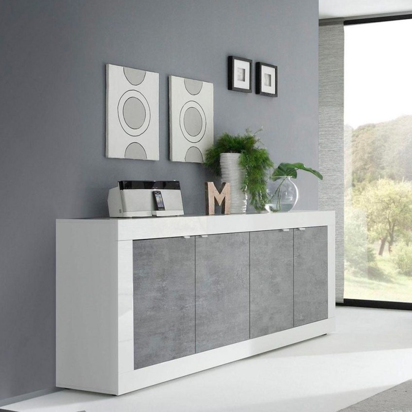 Moderne Sideboard für Wohnzimmer, 4 Türen, Weiß Hochglanz Betonoptik, 207cm Altea BC Aktion Moderne Sideboard für Wohnzimmer, 4 Türen, Weiß Hochglanz Betonoptik, 207cm Altea BC Aktion