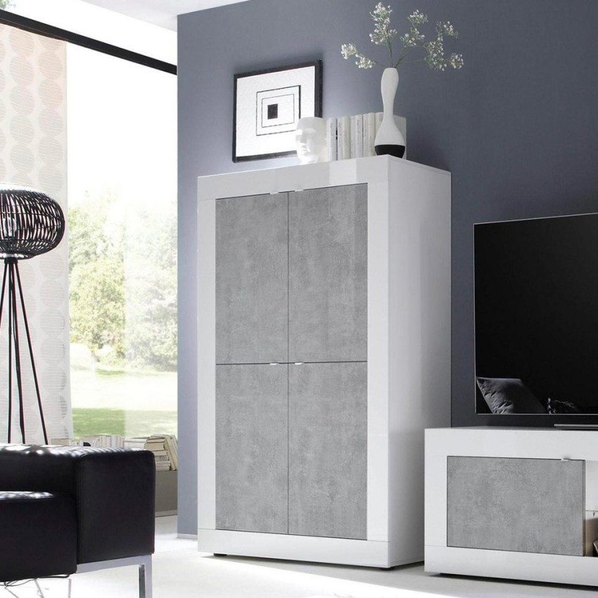 Küchen- und Wohnzimmer-Sideboard 4 Türen Hochglanz Weiß Betonoptik Novia BC Basic Aktion