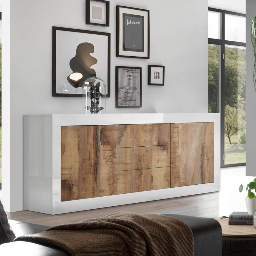 Sideboard Wohnzimmer 2 Türen 3 Schubladen Hochglanz Weiß und Holz Tribus BW Basic Aktion Sideboard Wohnzimmer 2 Türen 3 Schubladen Hochglanz Weiß und Holz Tribus BW Basic Aktion
