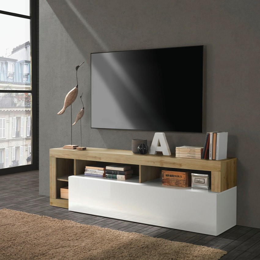 Moderner TV-Schrank Dorian BR, 184 cm, weiß glänzend, Eicheoptik Aktion Moderner TV-Schrank Dorian BR, 184 cm, weiß glänzend, Eicheoptik Aktion