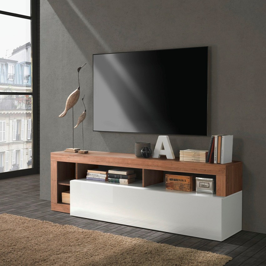Moderner TV-Schrank aus Holz mit glänzend weißer Tür Dorian MR Aktion Moderner TV-Schrank aus Holz mit glänzend weißer Tür Dorian MR Aktion