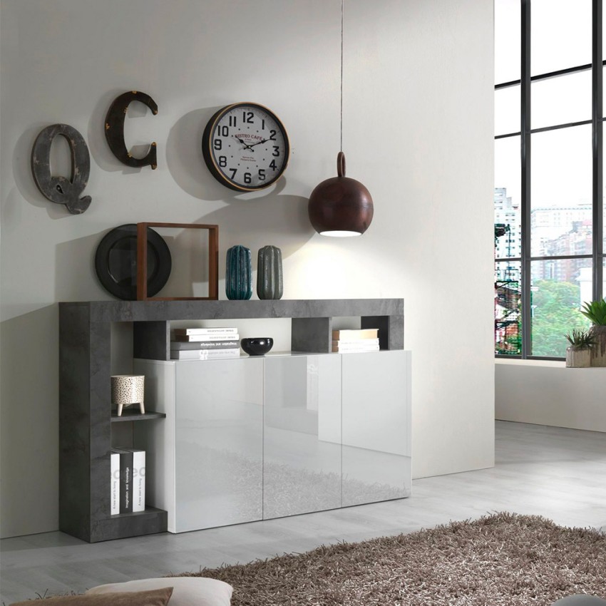 Moderne Küchen-Sideboard 3-türig, hochglanzweiß, 146 cm, schwarz Hailey BX Aktion