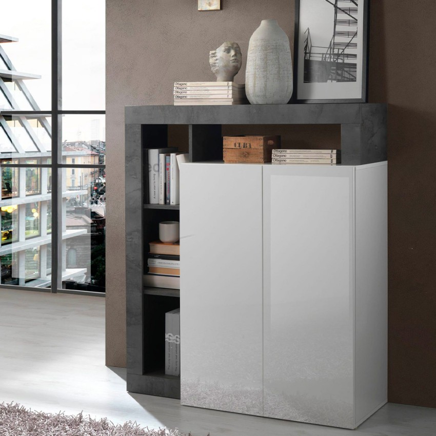 Moderner schwarzer Wohnzimmerschrank mit 2 weißen Hochglanztüren Blume BX Aktion Moderner schwarzer Wohnzimmerschrank mit 2 weißen Hochglanztüren Blume BX Aktion