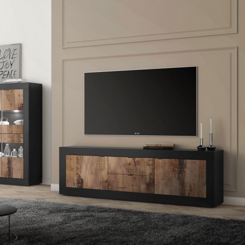 Mobiler industrieller TV-Ständer 210cm 2 Türen 2 Schubladen schwarzes Holz Visio NP Aktion
