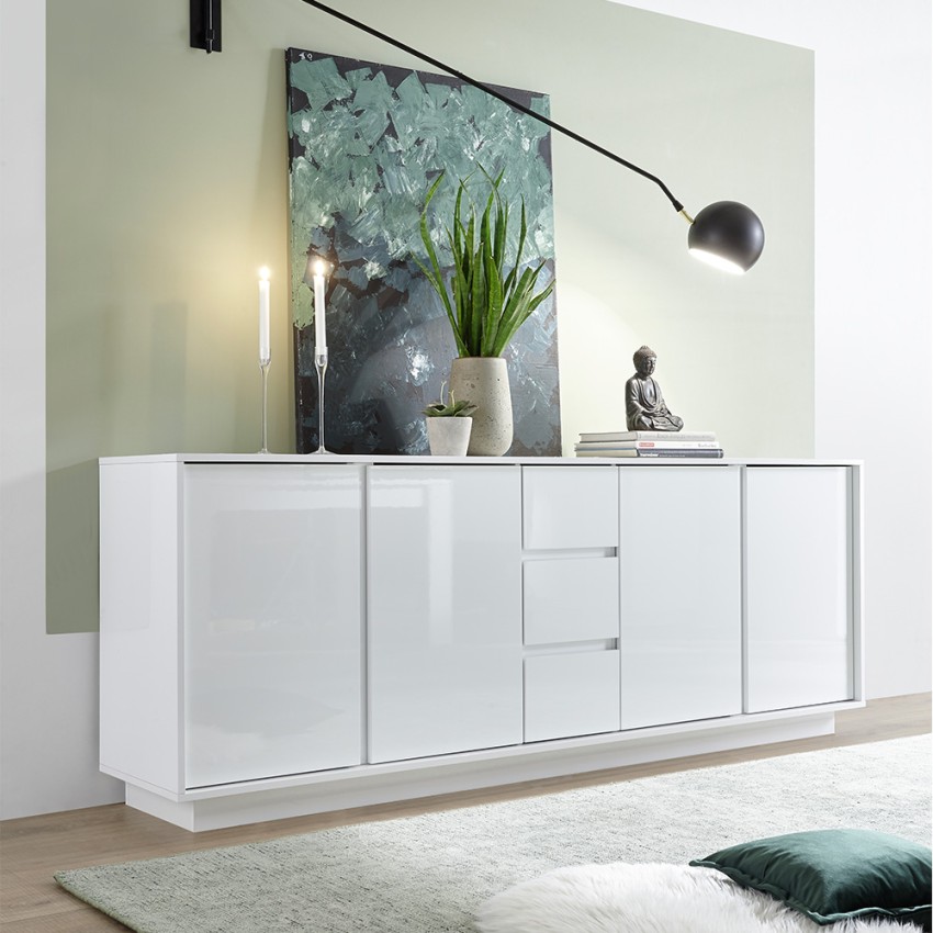 Moderne Anrichte 210cm, 4 Türen, 3 Schubladen, weiß hochglanz Maine Ice Aktion Moderne Anrichte 210cm, 4 Türen, 3 Schubladen, weiß hochglanz Maine Ice Aktion