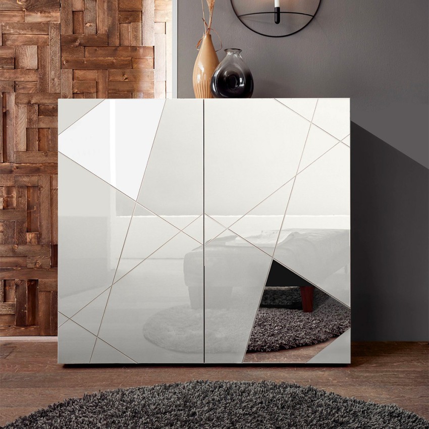 Weiße Anrichte für Wohnzimmer, 2 Türen, geometrisches Design, Vittoria Glam WH Aktion Weiße Anrichte für Wohnzimmer, 2 Türen, geometrisches Design, Vittoria Glam WH Aktion