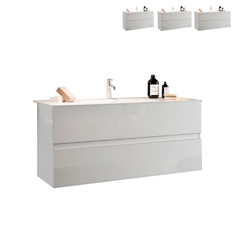 Modernes schwebendes Badezimmerset mit 2 Schubladen und glänzend weißem Waschbecken. Aktion