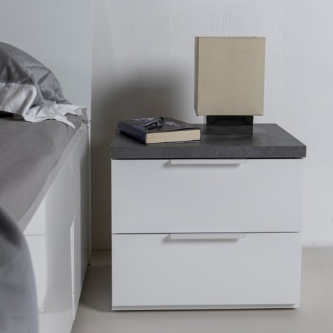 Moderne weiße Nachttisch mit 2 Schubladen und grauer Oberplatte Robyn. Aktion