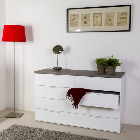 Weißer Schubladenschrank mit 8 Schubladen, moderne Schlafzimmer Kommode Dubonne. Aktion