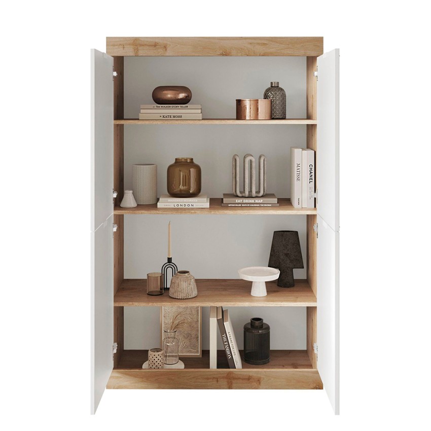 Mobile hoher Sideboard mit 4 Türen in glänzendem Weiß und Eiche für Küche  und Wohnzimmer