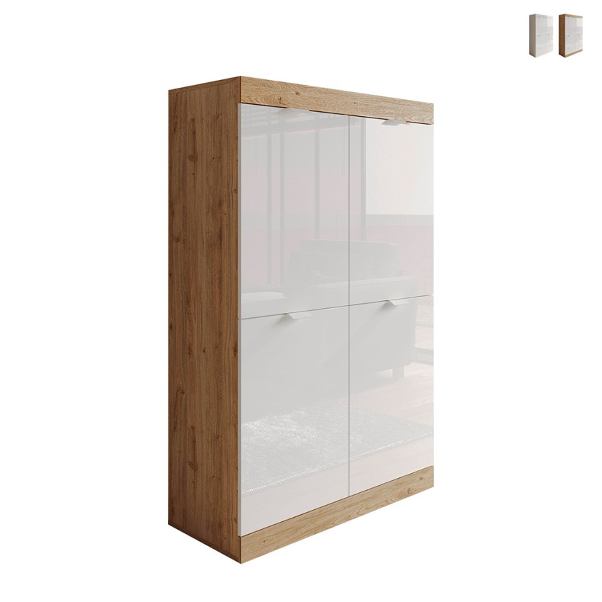 Mobile hoher Sideboard mit 4 Türen in glänzendem Weiß und Eiche für Küche  und Wohnzimmer