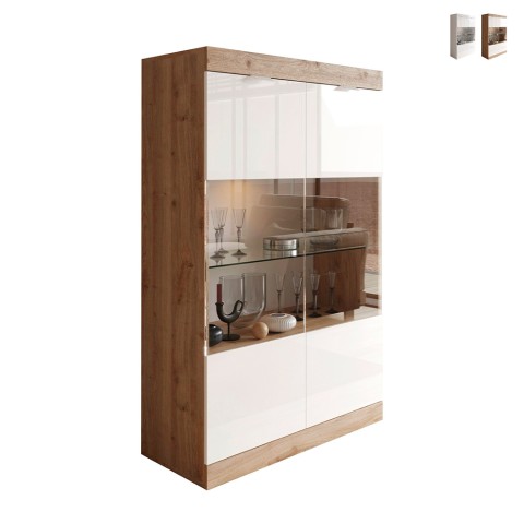 Moderne Wohnzimmerschrank mit 2 Glastüren, glänzendem weißen und eichenfarbenem Remi Aktion