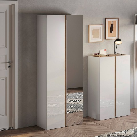 Schuhschrank mit 2 Spiegeltüren, glänzend weißem Lack und Eichenholz Alba Aktion